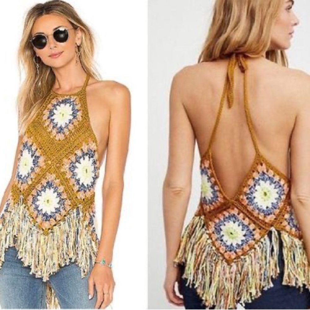 Free People Mustard Multi Crochet Fringe top - Picture 5 of 6